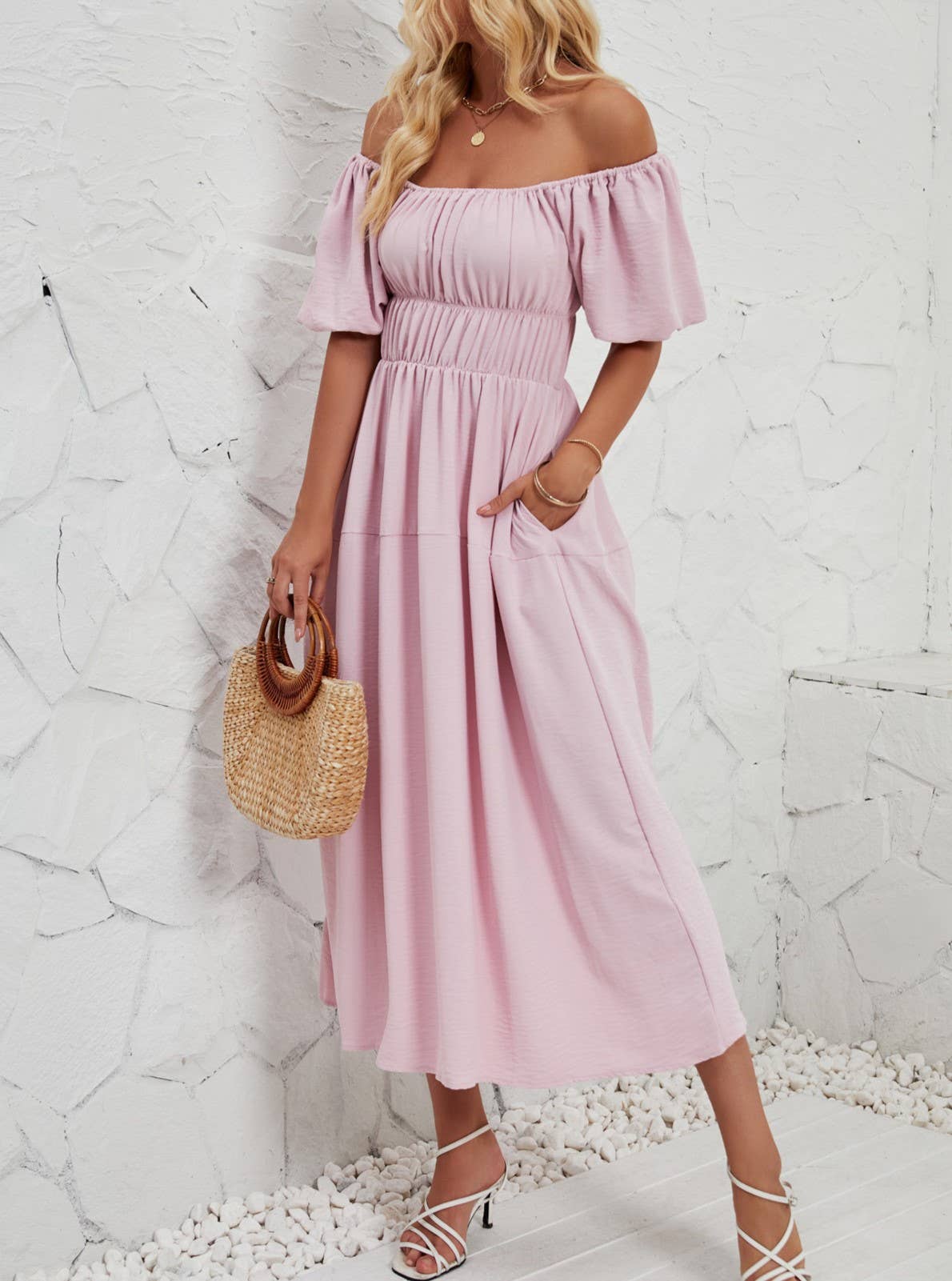 Casual Loose Off-The-Shoulder Puff Sleeve Maxi Dress