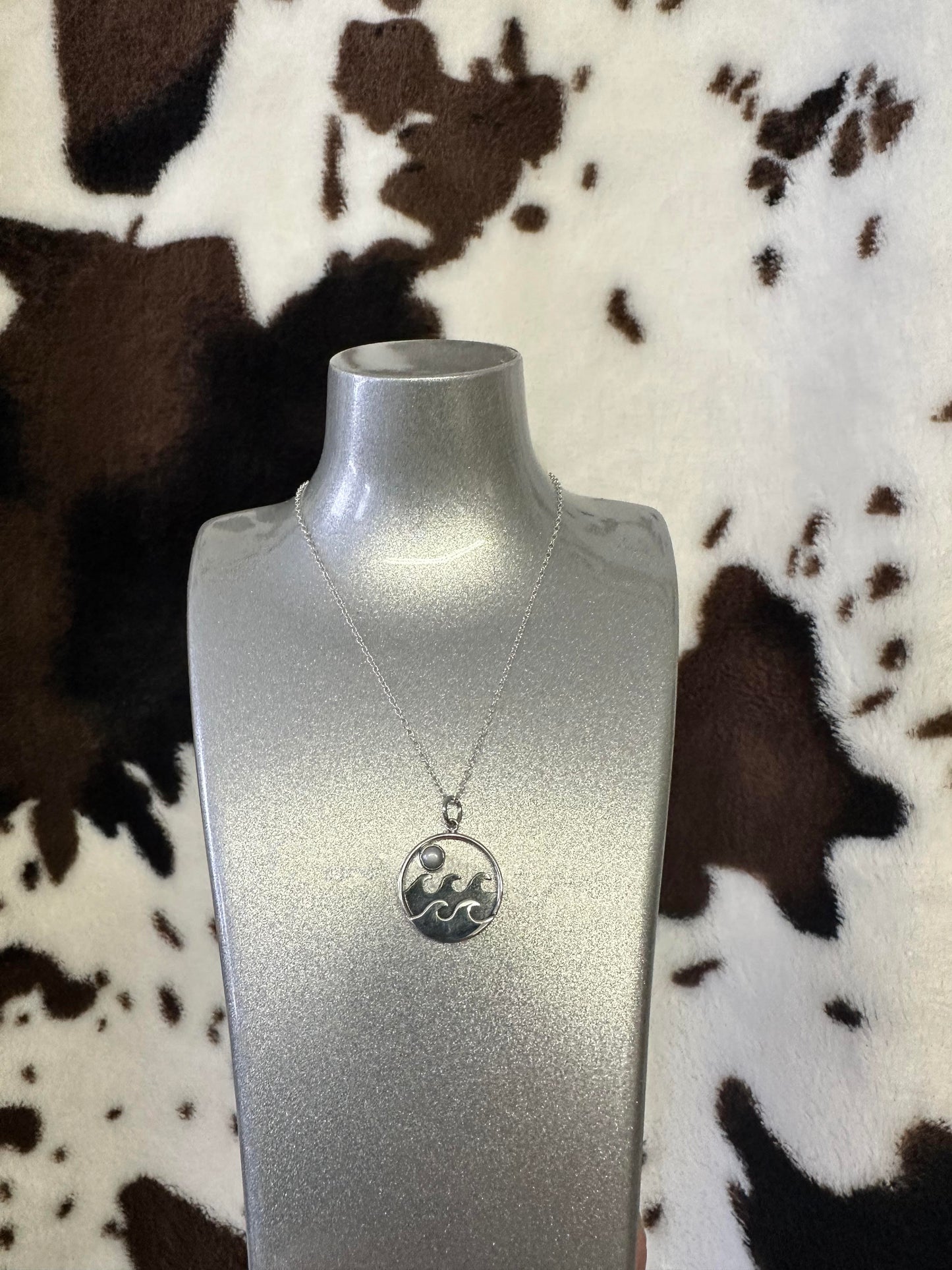 Sterling Silver Waves and Pearl Moon Necklace