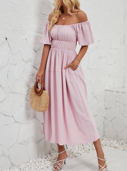 Casual Loose Off-The-Shoulder Puff Sleeve Maxi Dress