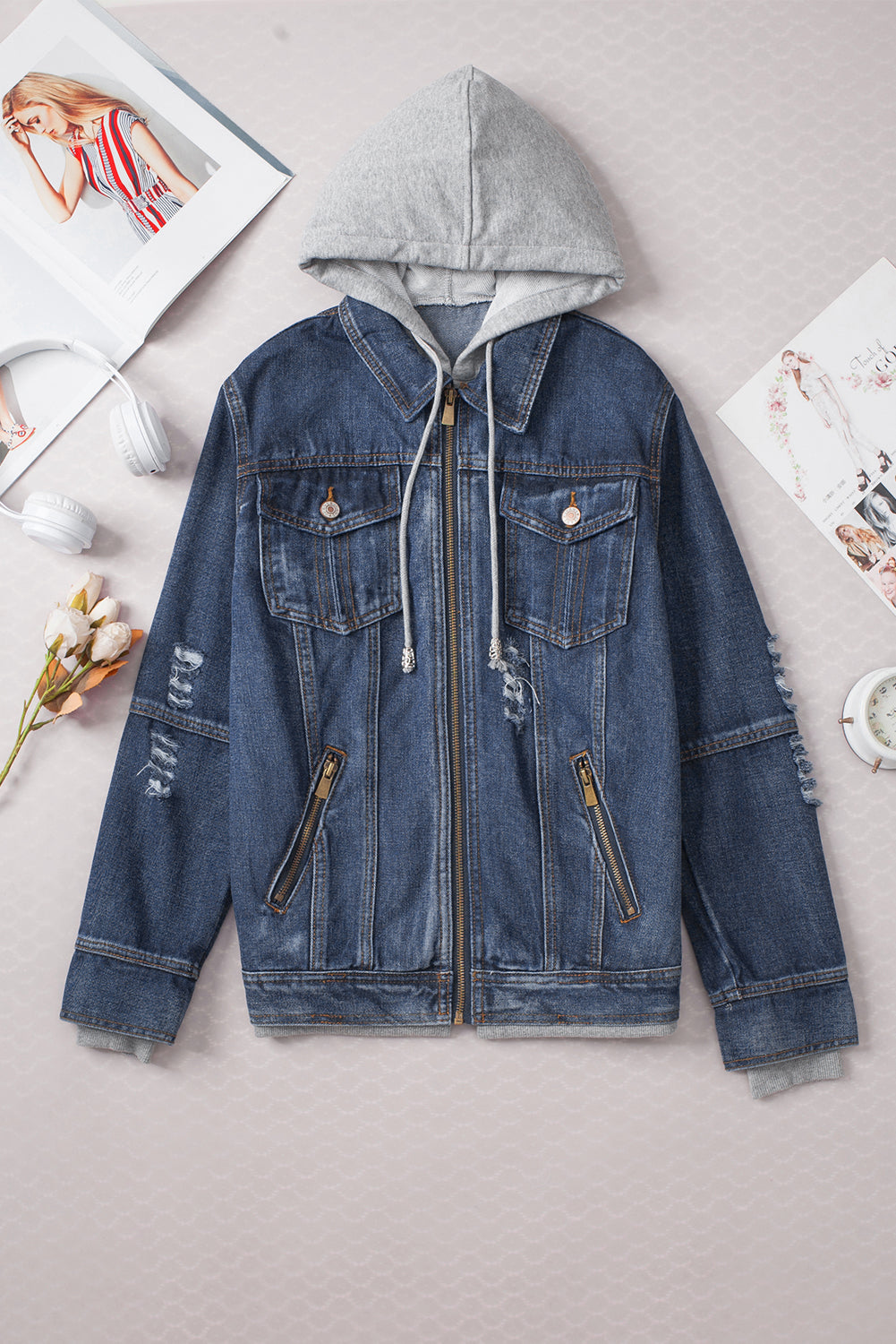 Dark Blue Denim Hooded Jacket