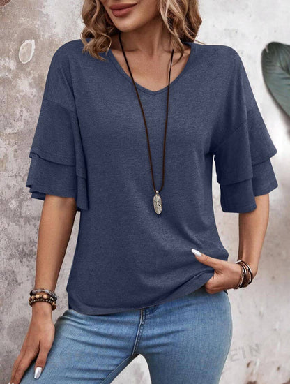 Summer V-Neck Ruffle Sleeve Loose Short-Sleeved T-Shirt