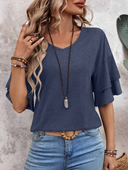 Summer V-Neck Ruffle Sleeve Loose Short-Sleeved T-Shirt
