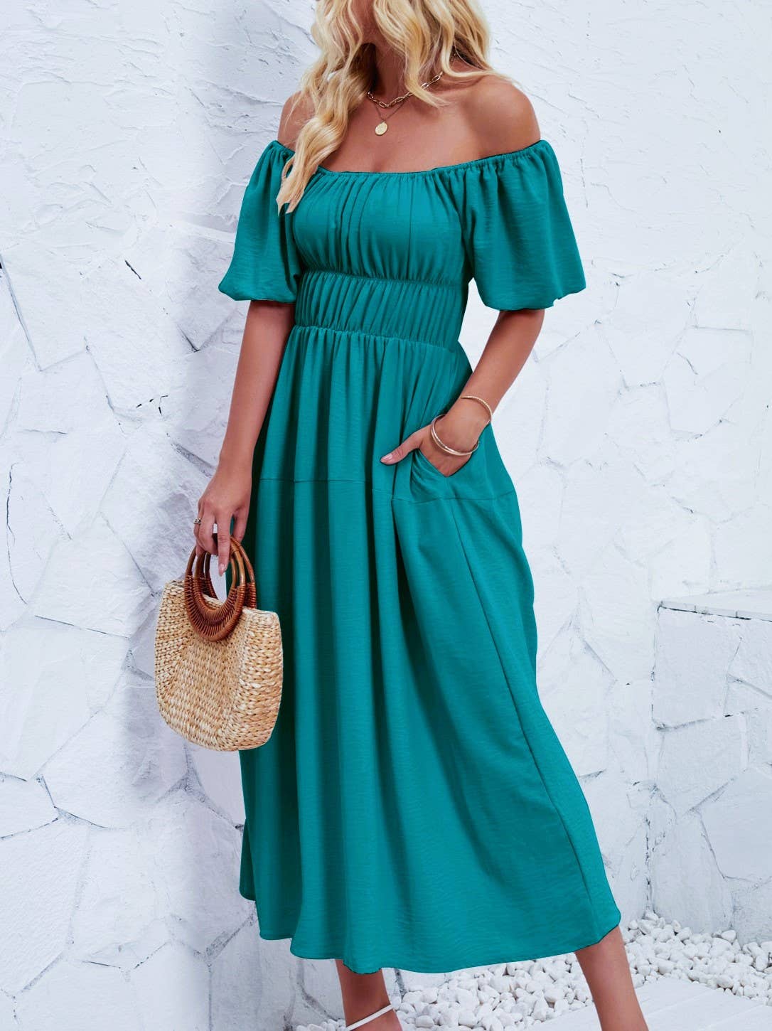 Casual Loose Off-The-Shoulder Puff Sleeve Maxi Dress